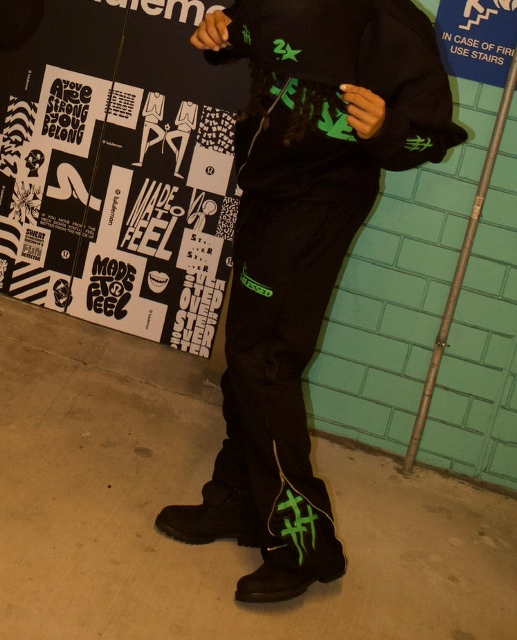 King of Kings {Black And Green Oversized Zip UPS Pants }