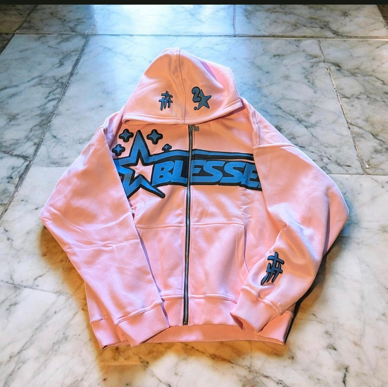 King Of Kings Light Pink and Blue Zip Up Hoodie