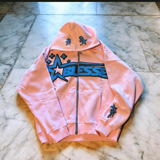 King Of Kings Light Pink and Blue Zip Up Hoodie