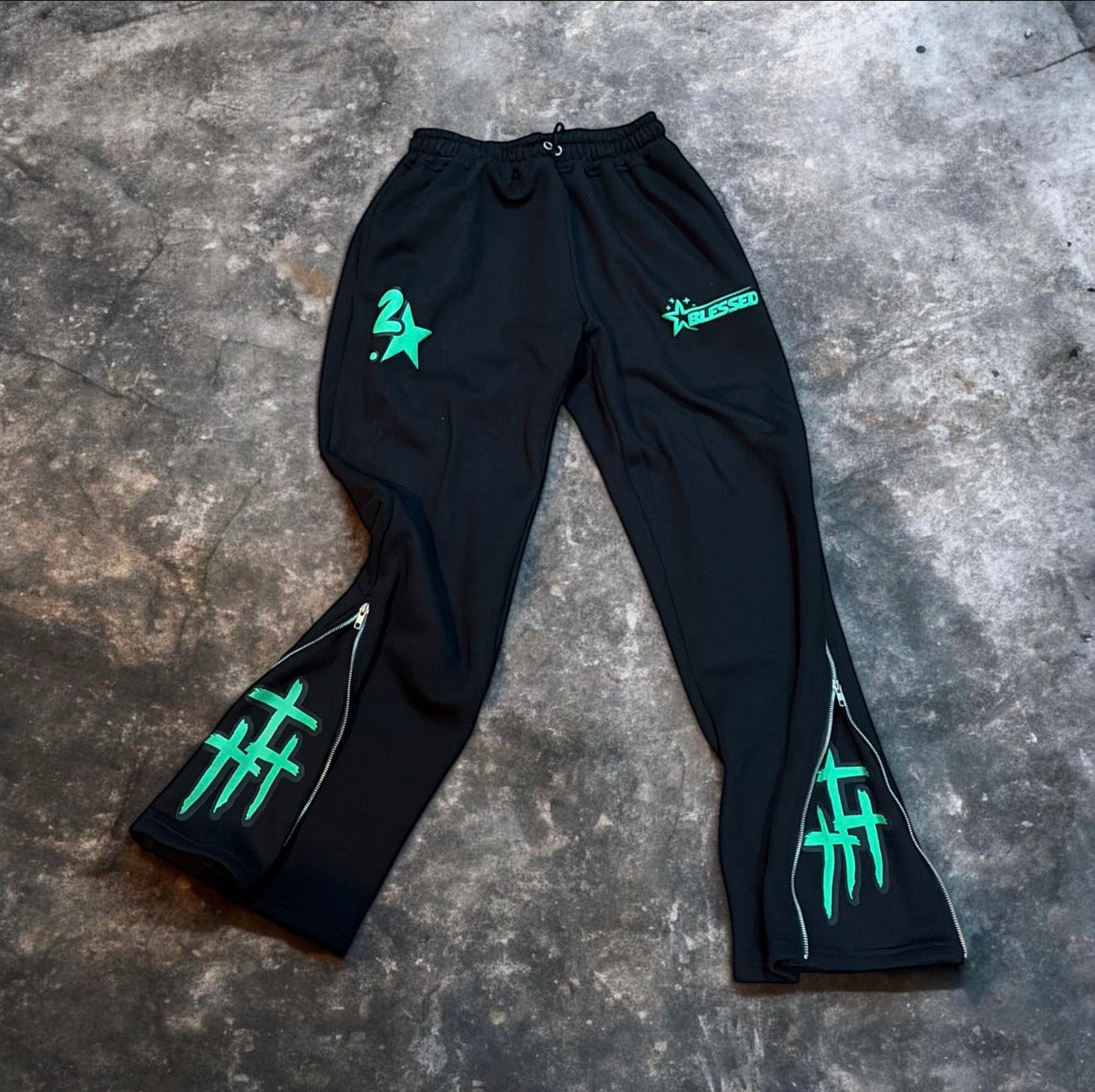 King of Kings {Black And Green Oversized Zip UPS Pants }